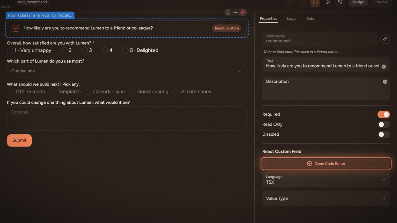 The form builder in Feedback: the recommend question is a React Custom field, with Open Code Editor beside it.