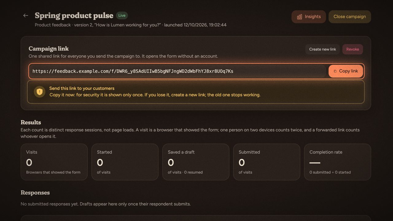 A launched campaign in Feedback: its one shared link, shown once, with the reminder to copy it now.